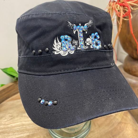 BLUE Bling RTB Real Tough B itch Black Baseball Cap Hat Biker Babe Motorcycle - Picture 1 of 11